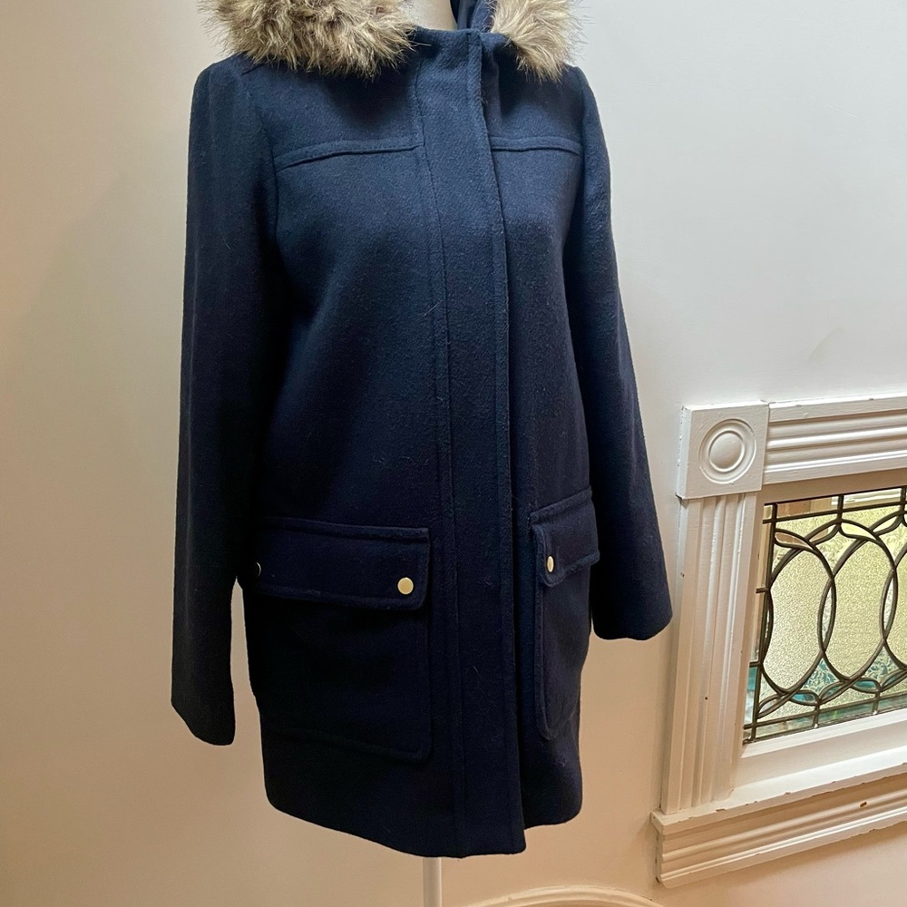 J. Crew Elegant Navy Pea Coat with Faux Fur Trim